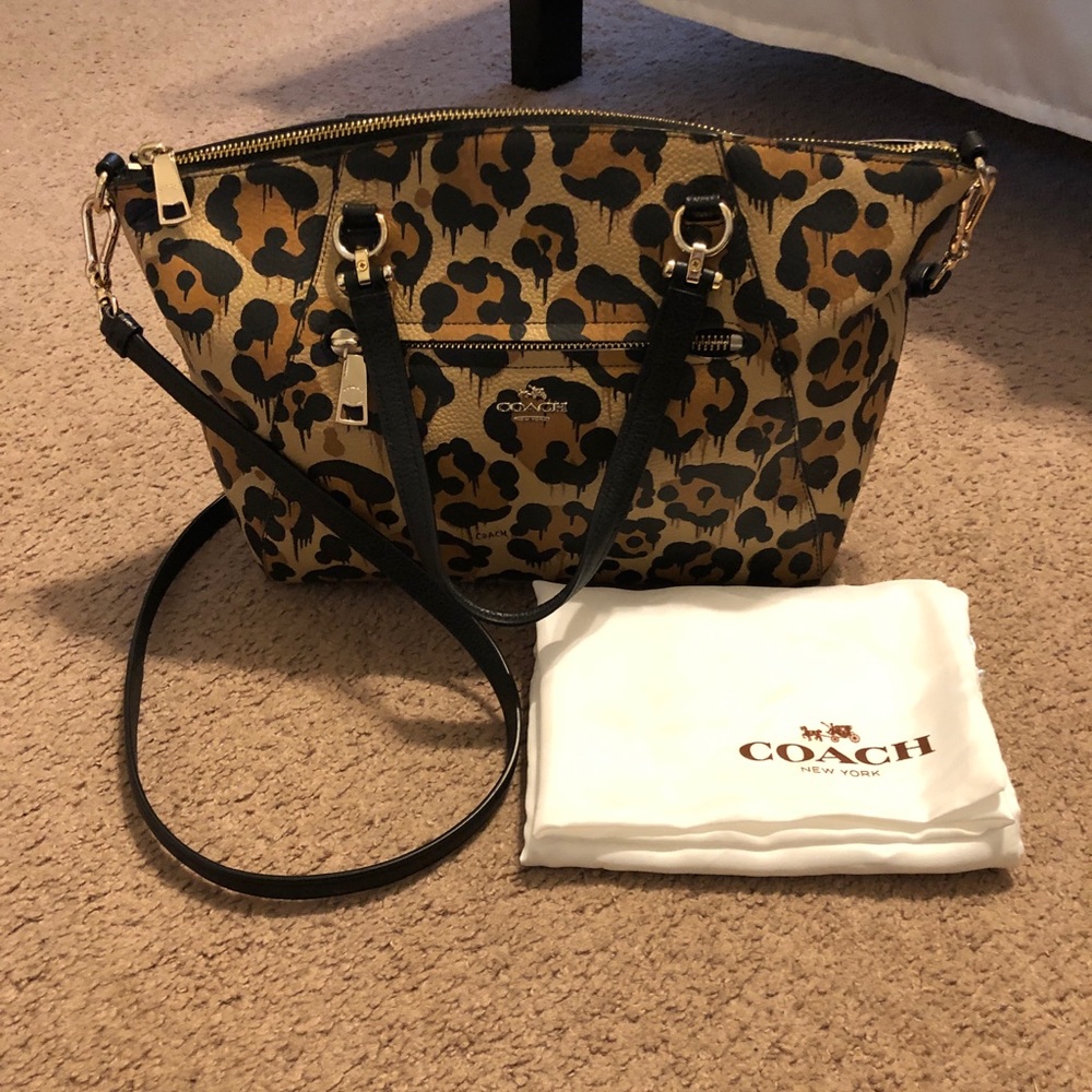 Coach Prairie Dripped Leopard Leather Satchel
